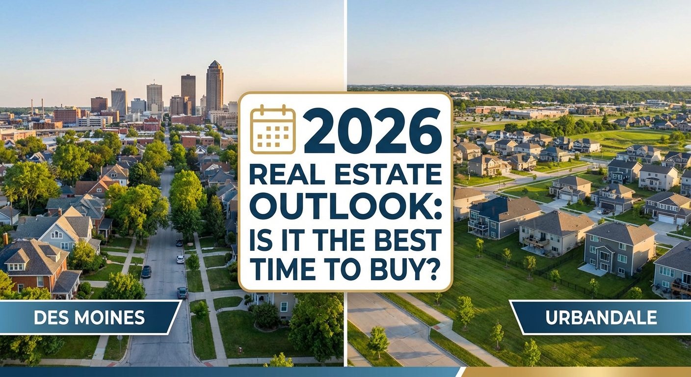 Create a professional hero image for: Is 2026 the Best Time to Buy a Home in Des Moines or Urbandale