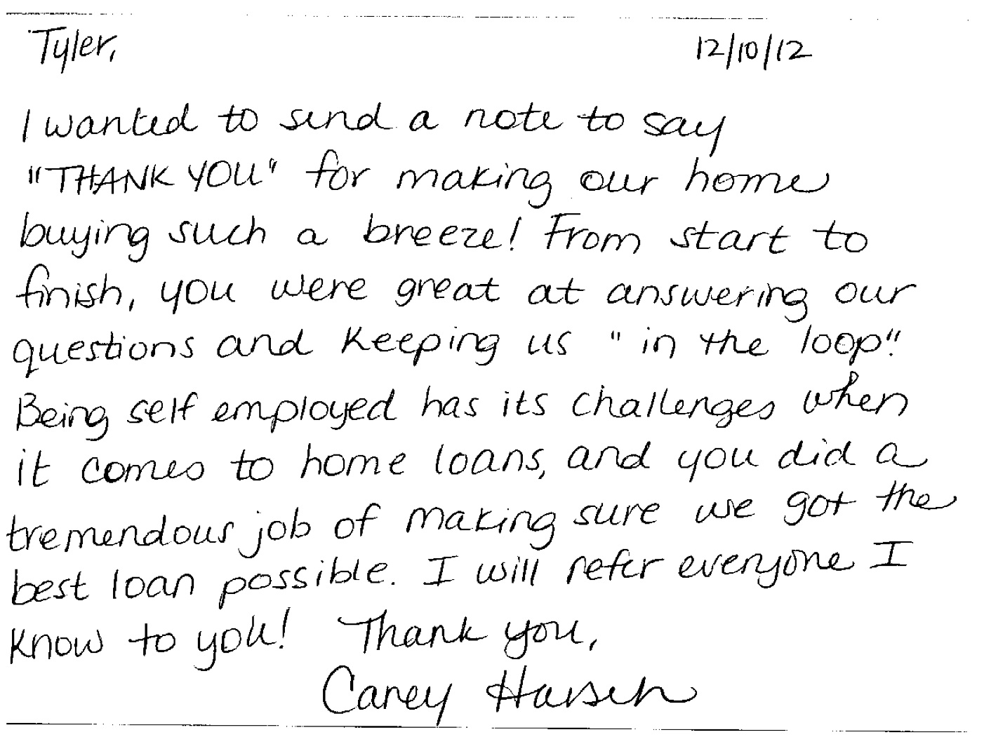 Carey's thank you note